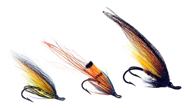 Salmon flies tied on hooks