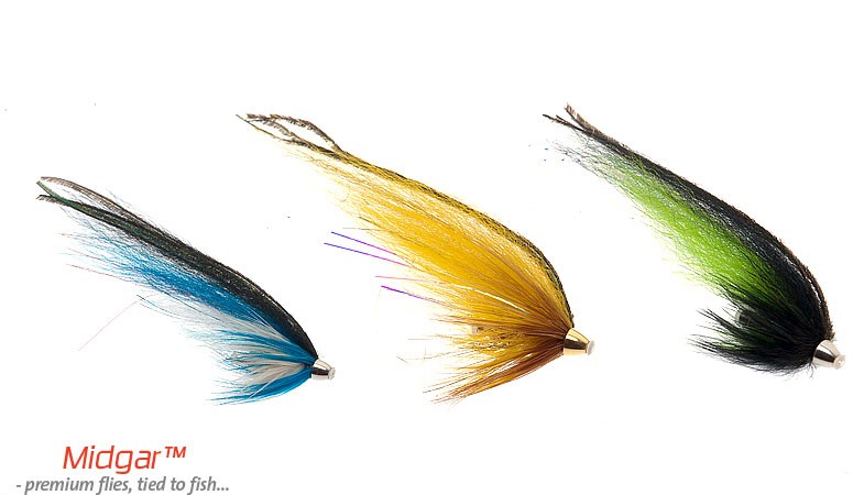 Midgar Bottlenecks are tubeflies tied on short brasstubes. The weight and profile of the tube itself, and the material of the wing and the general design of the flies, make them wiggle very nice in the water. Midgar Bottlenecks are delivered in 3 sizes, with winglength from 43, 57 and 75 mm. In the rear-end of the tube itself, there are room for attaching Midgar Silicone Sleeving, which will hold any size of hook free from tangling while fishing. Midgar Bottlenecks are highly recommnended!
